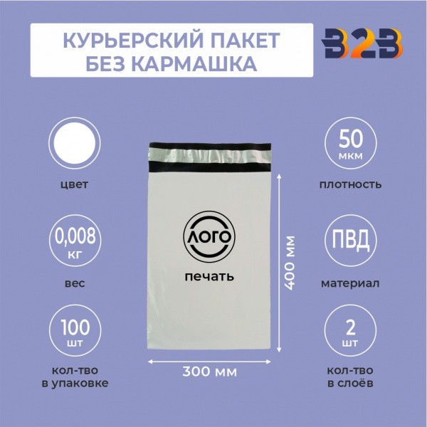 КУРЬЕРСКИЙ ПАКЕТ 300*400 ММ (50 МКМ, БЕЗ КАРМАШКА) С ВАШИМ ЛОГОТИПОМ