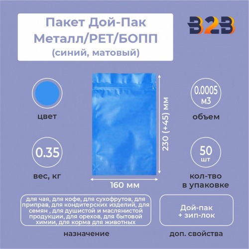 Пакет Дой-Пак 160*230(+45)мм, Металл/PET/БОПП (синий, матовый)
