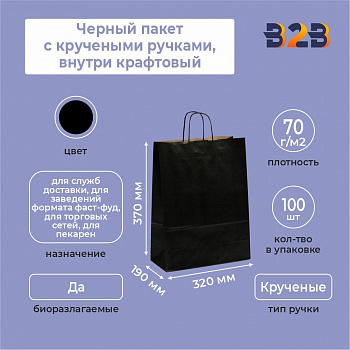 Черный пакет с кручеными ручками, внутри крафтовый, 320*190*370 мм
